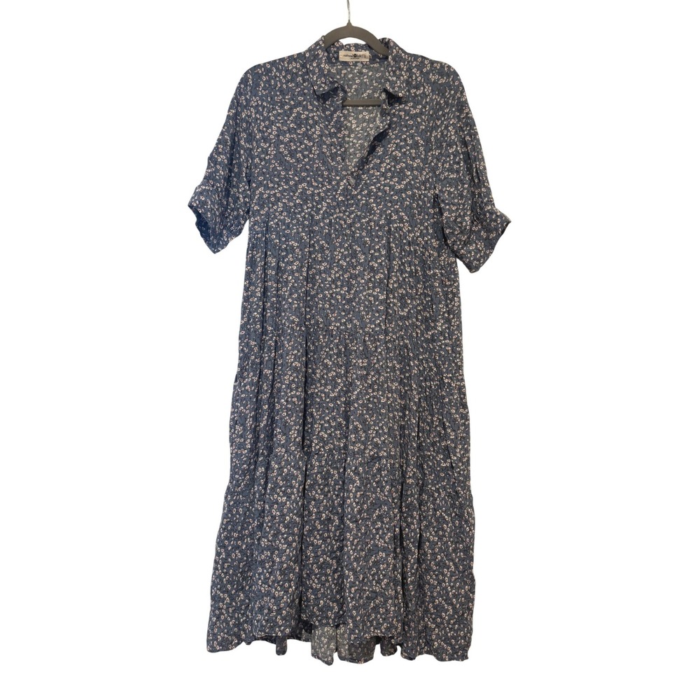 Natural Life oversized S cotton midi peasant blue floral short sleeve dress OO